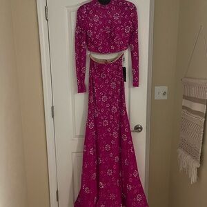 La Femme Magenta Embellished Lace Gown